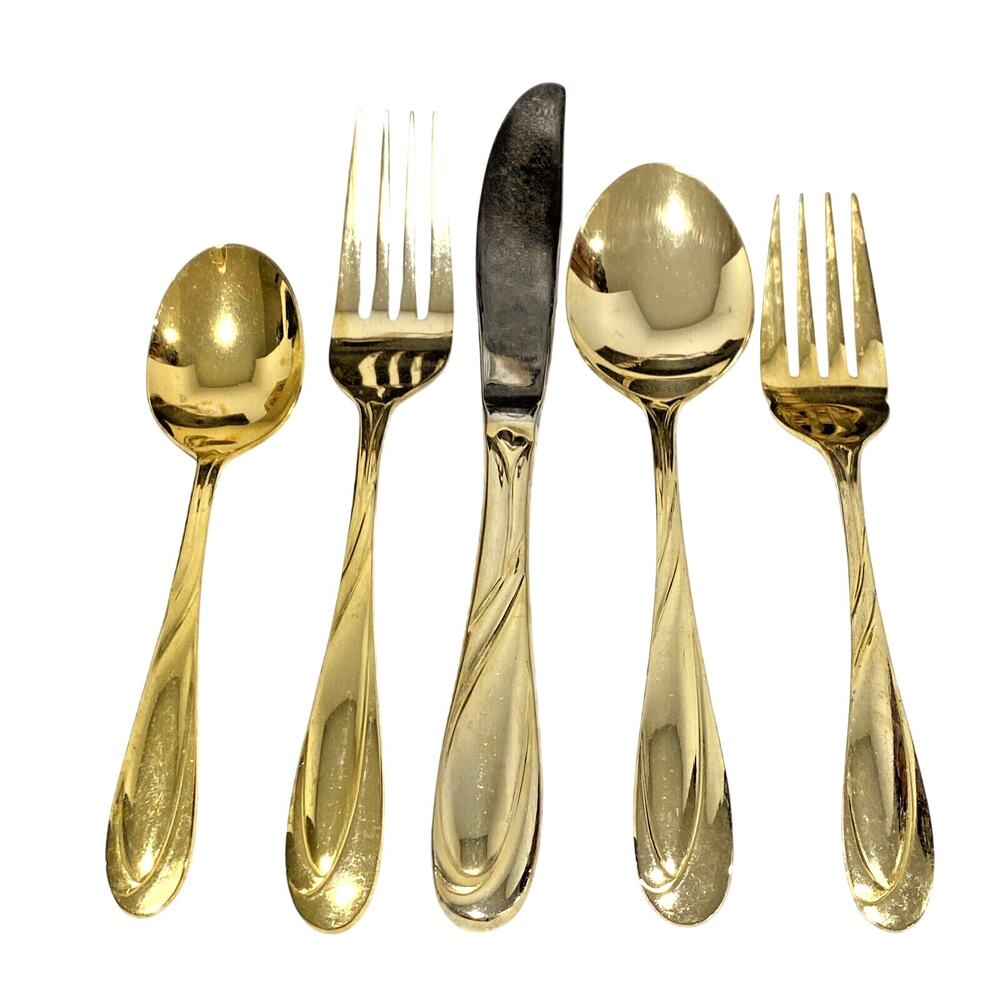Vintage 90's Farberware Flatware Set "Nicole" Gold Plated 55 pcs service for 10